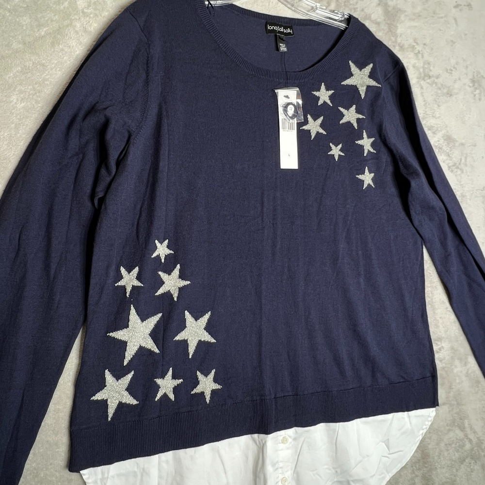 NWT Long Tall Sally Star Placement Sweater Layered Hem Crewneck Navy Casual Chic - Picture 2 of 10